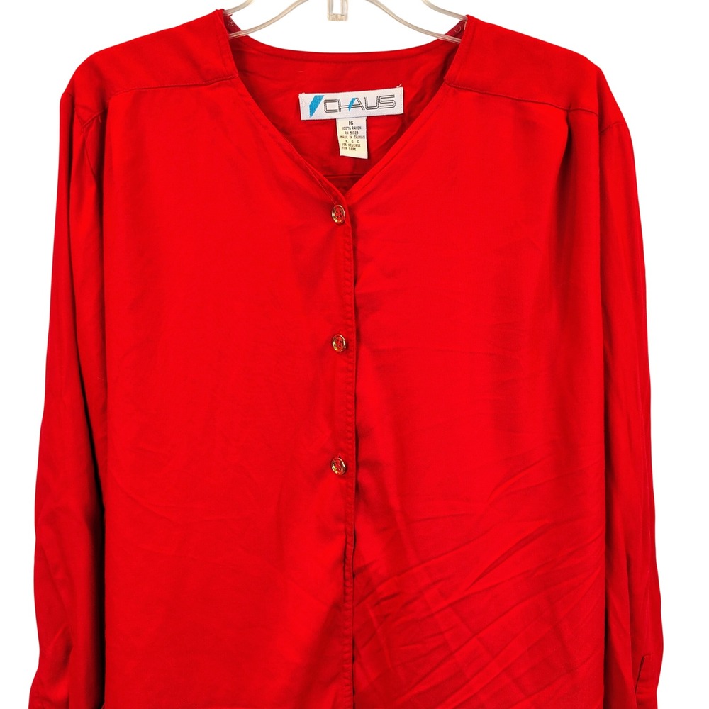 Chaus Womens SZ 16 Blouse Red Rayon Button Up Officecore Vintage Long Sleeve